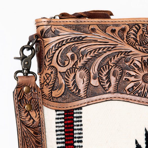 ADBG510 Tooled Leather & Saddle Blanket Crossbody Bag - Western Fringe Purse by American Darling