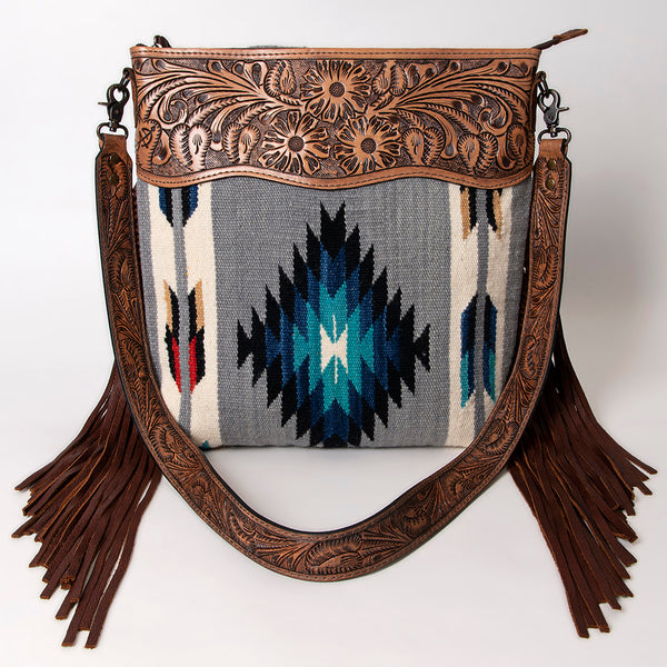 ADBG510 Tooled Leather & Saddle Blanket Crossbody Bag - Western Fringe Purse by American Darling