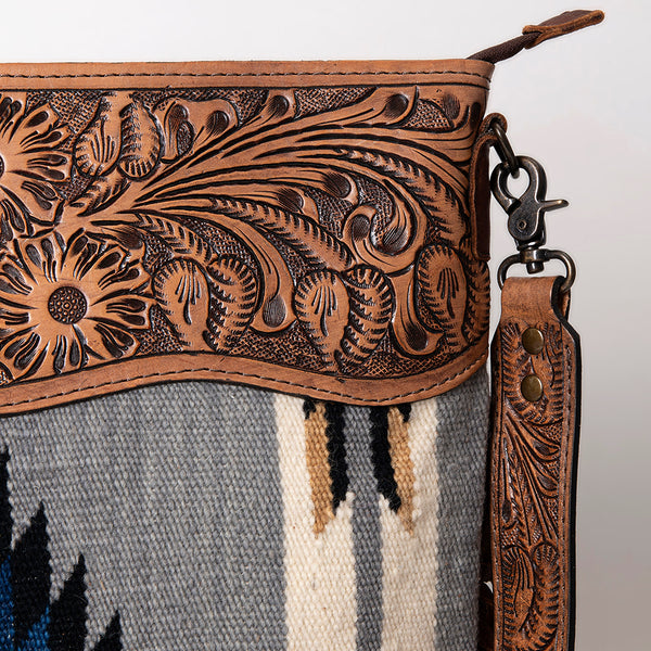 ADBG510 Tooled Leather & Saddle Blanket Crossbody Bag - Western Fringe Purse by American Darling
