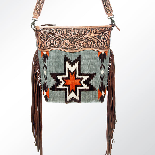 ADBG510 Tooled Leather & Saddle Blanket Crossbody Bag - Western Fringe Purse by American Darling