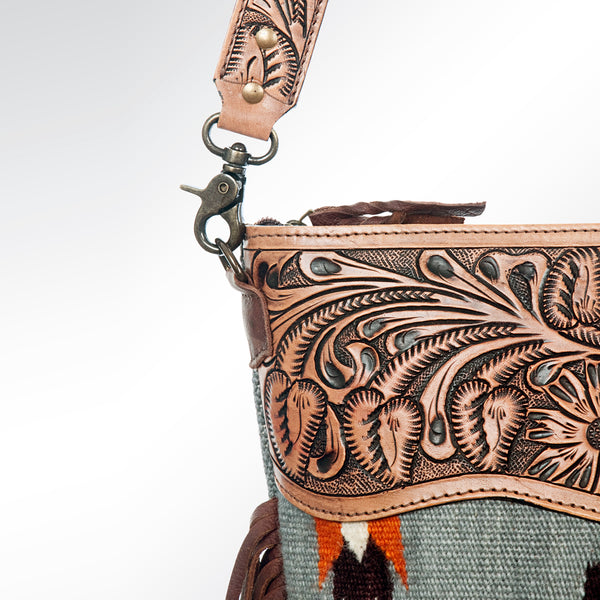 ADBG510 Tooled Leather & Saddle Blanket Crossbody Bag - Western Fringe Purse by American Darling