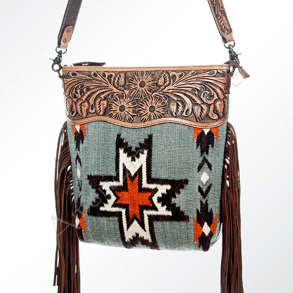 ADBG510 Tooled Leather & Saddle Blanket Crossbody Bag - Western Fringe Purse by American Darling