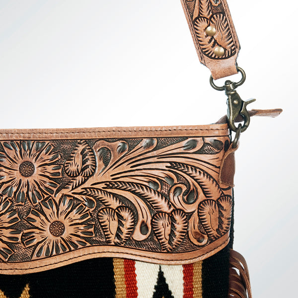 ADBG510 Tooled Leather & Saddle Blanket Crossbody Bag Belle Western Fringe Purse by American Darling