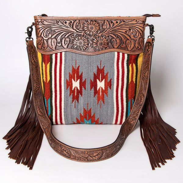 ADBG510 Tooled Leather & Saddle Blanket Crossbody Bag Belle Western Fringe Purse by American Darling