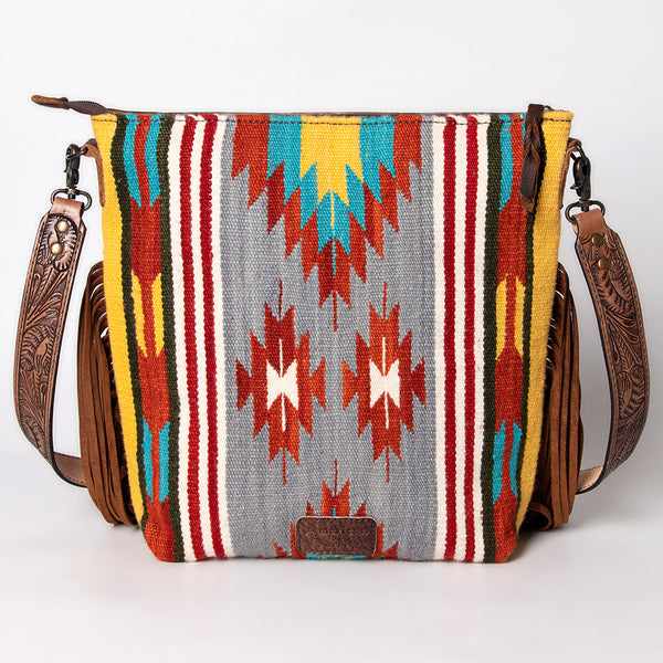 ADBG510 Tooled Leather & Saddle Blanket Crossbody Bag Belle Western Fringe Purse by American Darling