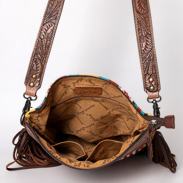 ADBG510 Tooled Leather & Saddle Blanket Crossbody Bag Belle Western Fringe Purse by American Darling
