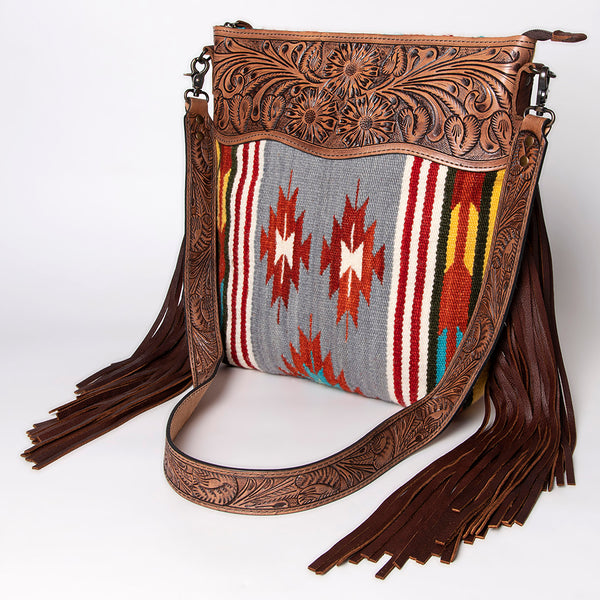 ADBG510 Tooled Leather & Saddle Blanket Crossbody Bag Belle Western Fringe Purse by American Darling