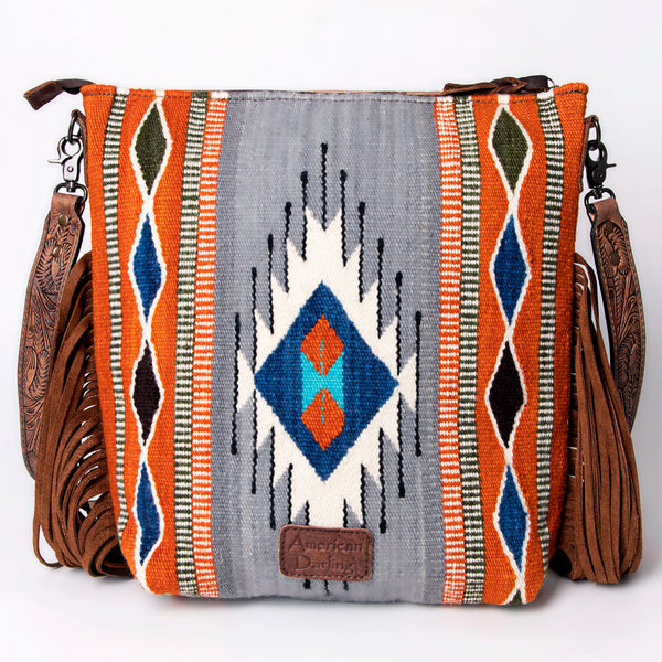 ADBG510 Tooled Leather & Saddle Blanket Crossbody Bag Belle Western Fringe Purse by American Darling