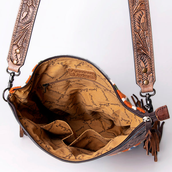 ADBG510 Tooled Leather & Saddle Blanket Crossbody Bag Belle Western Fringe Purse by American Darling
