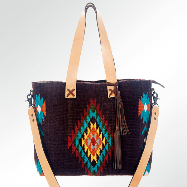 ADBG573 Southwestern Wool Tote with Geometric Pattern Natural Leather Straps & Tassel