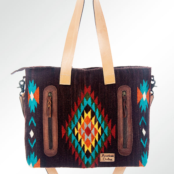 ADBG573 Southwestern Wool Tote with Geometric Pattern Natural Leather Straps & Tassel
