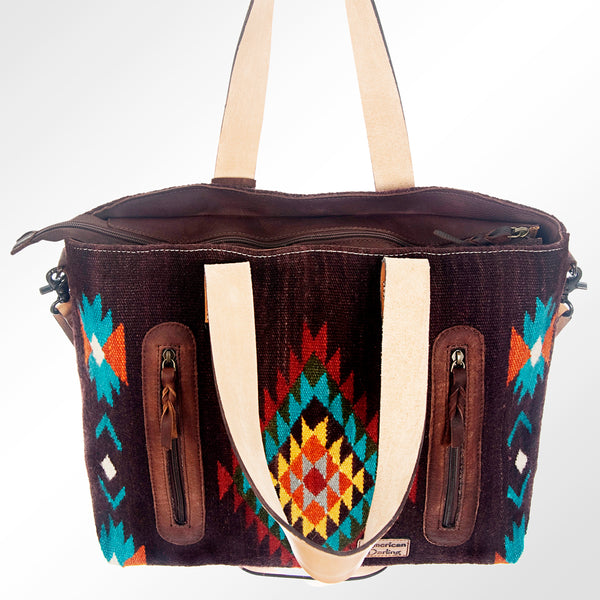 ADBG573 Southwestern Wool Tote with Geometric Pattern Natural Leather Straps & Tassel