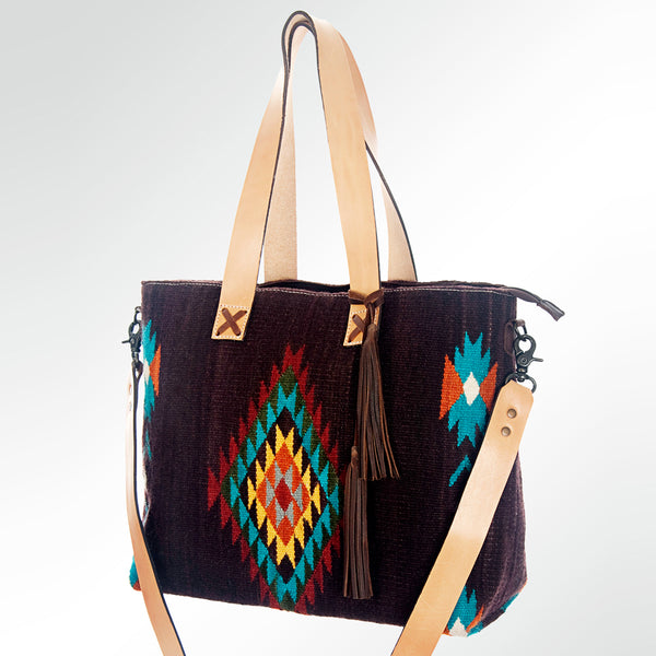 ADBG573 Southwestern Wool Tote with Geometric Pattern Natural Leather Straps & Tassel