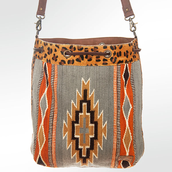 ADBG574 American Darling Aztec Woven Saddle Blanket & Leopard Cowhide Boho Bucket Bag