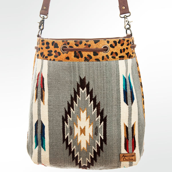 ADBG574 American Darling Aztec Woven Saddle Blanket & Leopard Cowhide Boho Bucket Bag