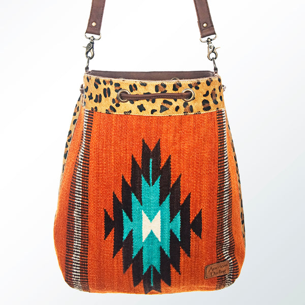 ADBG574 American Darling Aztec Woven Saddle Blanket & Leopard Cowhide Boho Bucket Bag