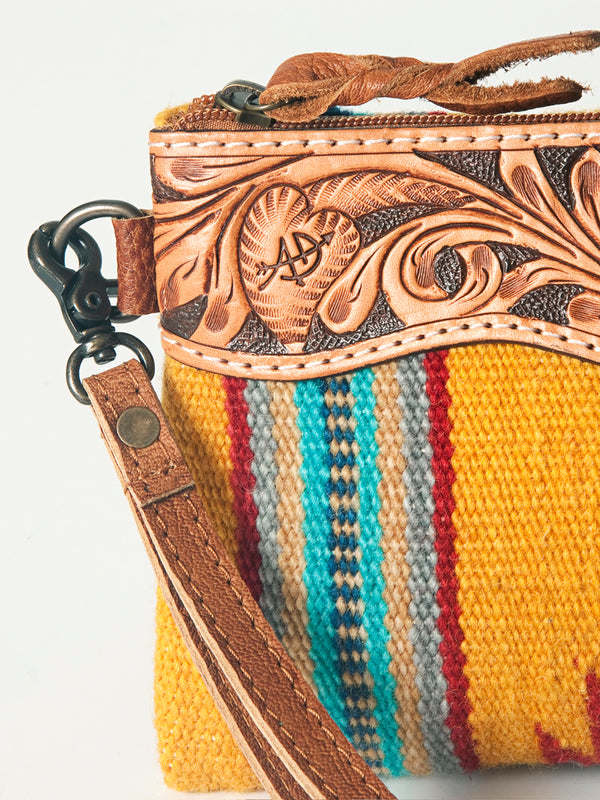 ADBG344 American Darling Western Leather Wristlet Bag with Hand Tooled Floral Carving & Saddle Blanket