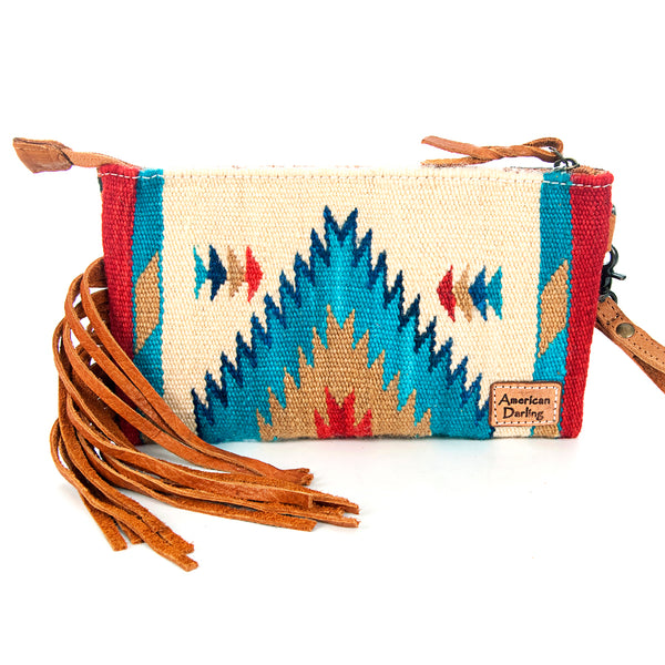 ADBG344 American Darling Western Leather Wristlet Bag with Hand Tooled Floral Carving & Saddle Blanket