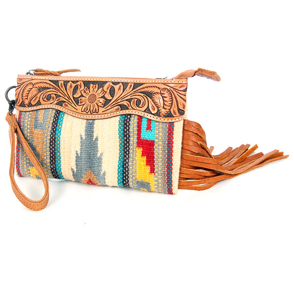 ADBG344 American Darling Western Leather Wristlet Bag with Hand Tooled Floral Carving & Saddle Blanket