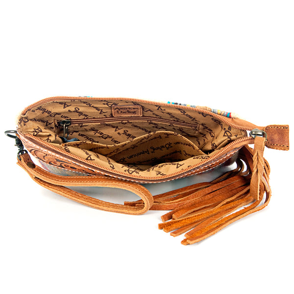ADBG344 American Darling Western Leather Wristlet Bag with Hand Tooled Floral Carving & Saddle Blanket