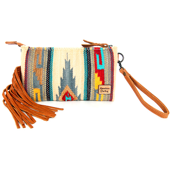 ADBG344 American Darling Western Leather Wristlet Bag with Hand Tooled Floral Carving & Saddle Blanket