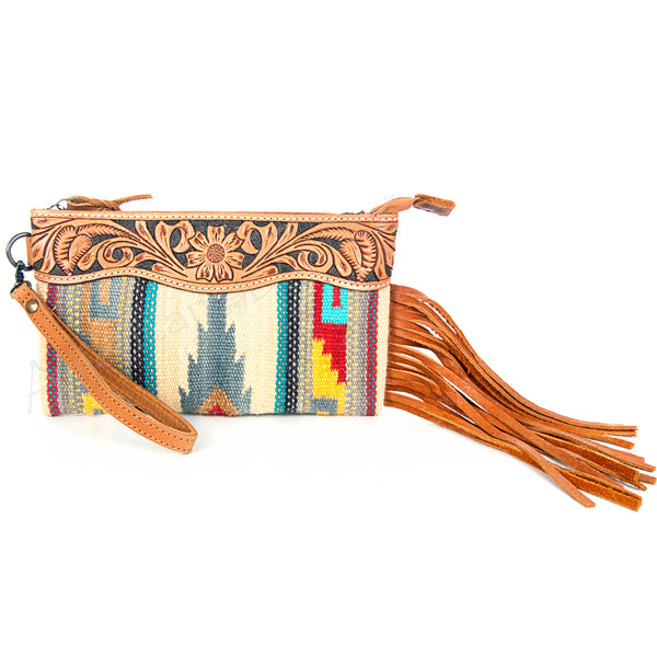 ADBG344 American Darling Western Leather Wristlet Bag with Hand Tooled Floral Carving & Saddle Blanket