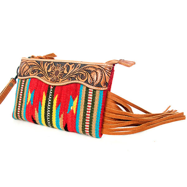 ADBG344 American Darling Western Leather Wristlet Bag with Hand Tooled Floral Carving & Saddle Blanket