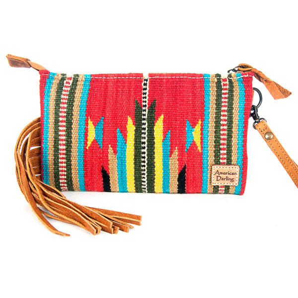 ADBG344 American Darling Western Leather Wristlet Bag with Hand Tooled Floral Carving & Saddle Blanket