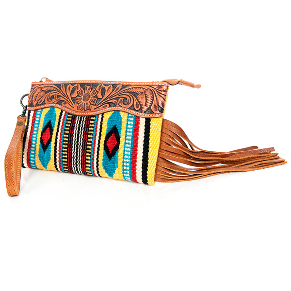 ADBG344 American Darling Western Leather Wristlet Bag with Hand Tooled Floral Carving & Saddle Blanket