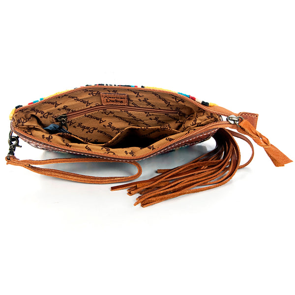 ADBG344 American Darling Western Leather Wristlet Bag with Hand Tooled Floral Carving & Saddle Blanket