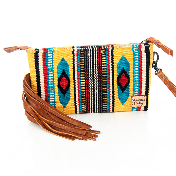 ADBG344 American Darling Western Leather Wristlet Bag with Hand Tooled Floral Carving & Saddle Blanket