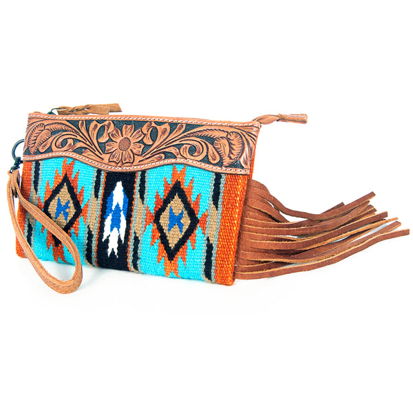 ADBG344 American Darling Western Leather Wristlet Bag with Hand Tooled Floral Detail & Saddle Blanket