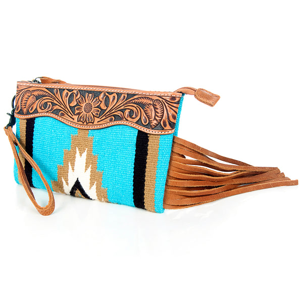 ADBG344 American Darling Western Leather Wristlet Bag with Hand Tooled Floral Carving & Saddle Blanket