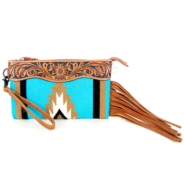ADBG344 American Darling Western Leather Wristlet Bag with Hand Tooled Floral Carving & Saddle Blanket