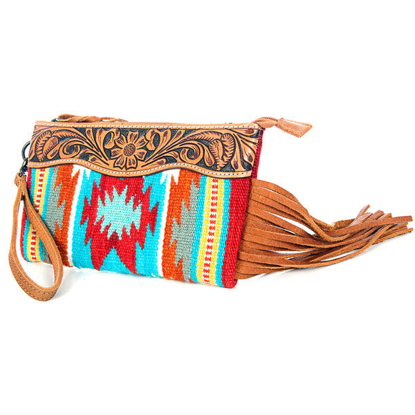 ADBG344 American Darling Western Leather Wristlet Bag with Hand Tooled Floral Carving & Saddle Blanket