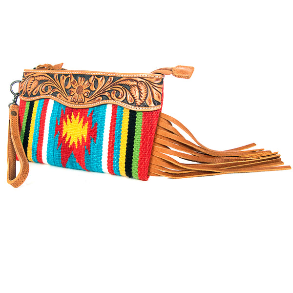 ADBG344 American Darling Western Leather Wristlet Bag with Hand Tooled Floral Carving & Saddle Blanket