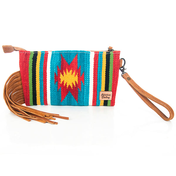 ADBG344 American Darling Western Leather Wristlet Bag with Hand Tooled Floral Carving & Saddle Blanket