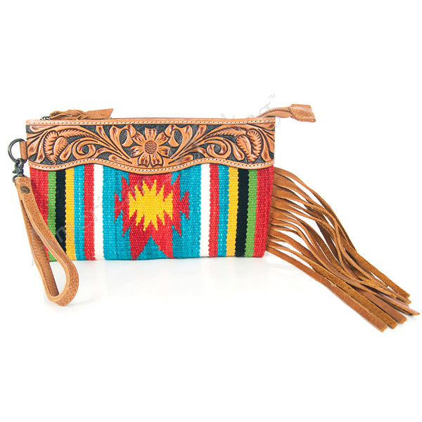 ADBG344 American Darling Western Leather Wristlet Bag with Hand Tooled Floral Carving & Saddle Blanket