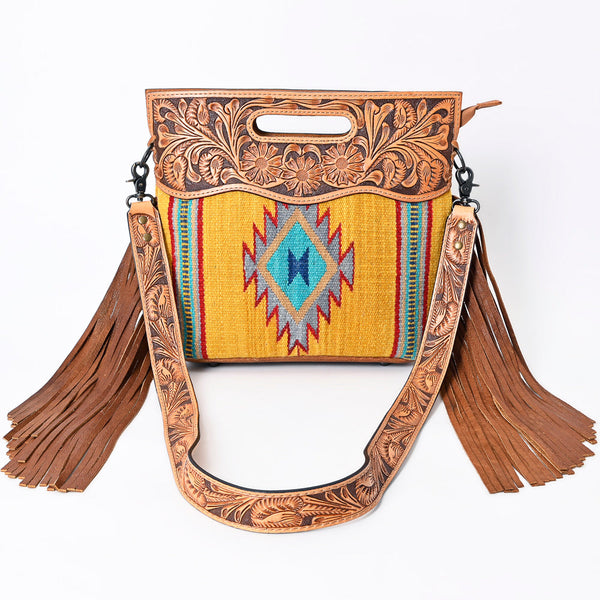 ADBG496 American DarlingAztec Wool Crossbody Bag with Hand Tooled Leather & Fringe