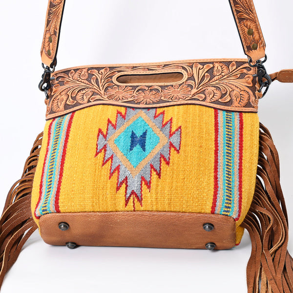 ADBG496 American DarlingAztec Wool Crossbody Bag with Hand Tooled Leather & Fringe