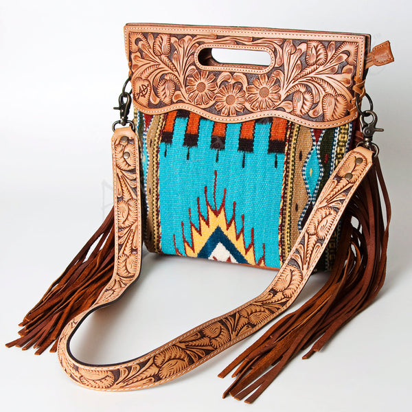 ADBG496 American DarlingAztec Wool Crossbody Bag with Hand Tooled Leather & Fringe