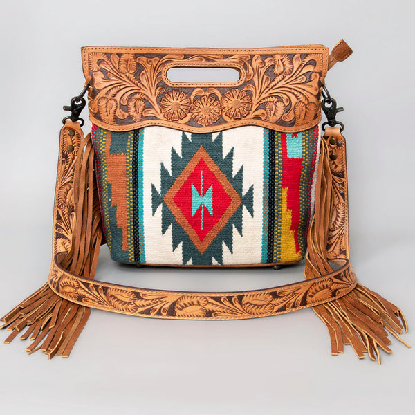 ADBG496 American DarlingAztec Wool Crossbody Bag with Hand Tooled Leather & Fringe