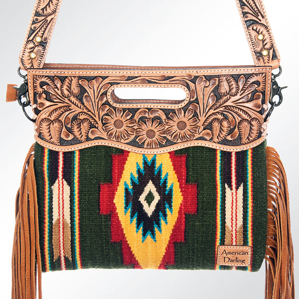 ADBG496 American DarlingAztec Wool Crossbody Bag with Hand Tooled Leather & Fringe