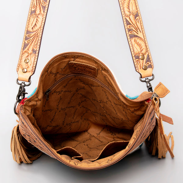 ADBG510 Tooled Leather & Saddle Blanket Crossbody Bag Western Fringe Purse - American Darling