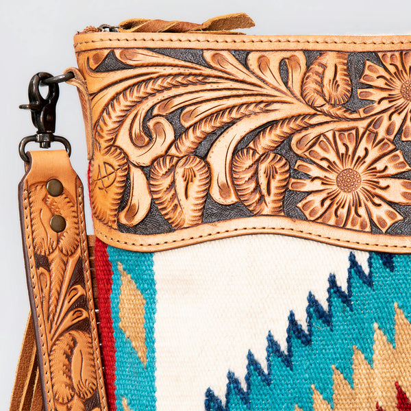 ADBG510 Tooled Leather & Saddle Blanket Crossbody Bag Western Fringe Purse - American Darling