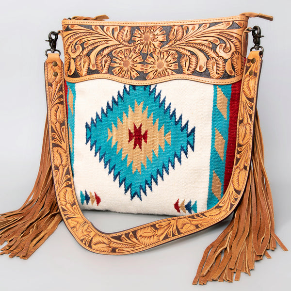 ADBG510 Tooled Leather & Saddle Blanket Crossbody Bag Western Fringe Purse - American Darling