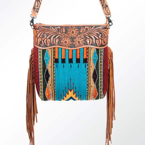ADBG510 Tooled Leather & Saddle Blanket Crossbody Bag Western Fringe Purse - American Darling
