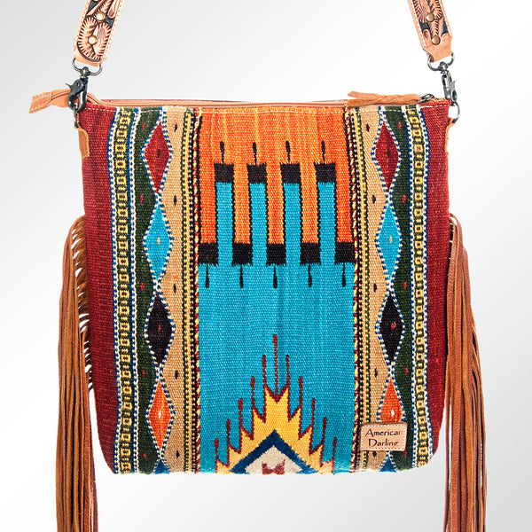 ADBG510 Tooled Leather & Saddle Blanket Crossbody Bag Western Fringe Purse - American Darling