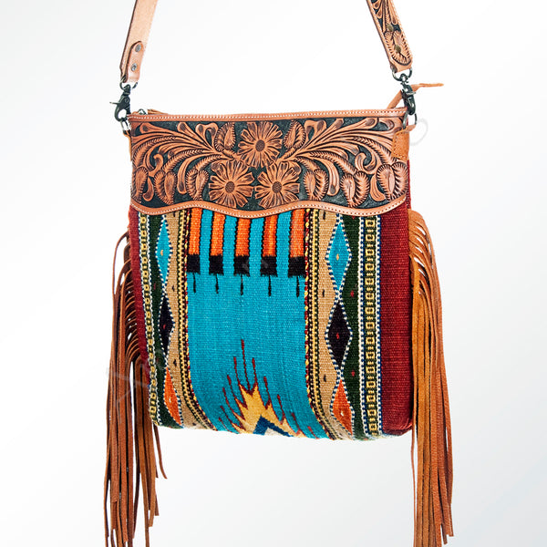 ADBG510 Tooled Leather & Saddle Blanket Crossbody Bag Western Fringe Purse - American Darling