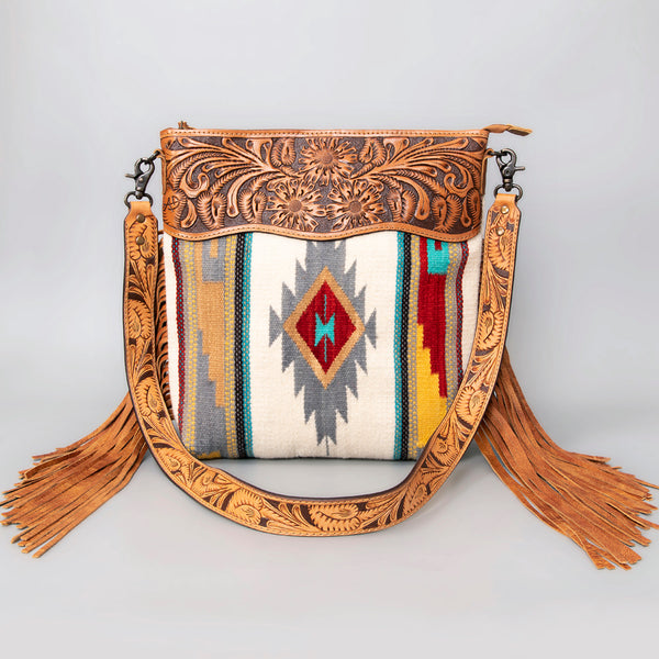 ADBG510 Tooled Leather & Saddle Blanket Crossbody Bag Western Fringe Purse - American Darling